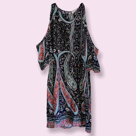 ASOS NaaNaa Boho Dress Black Paisley Cold Shoulder Mini Womens Size Small - Picture 1 of 8